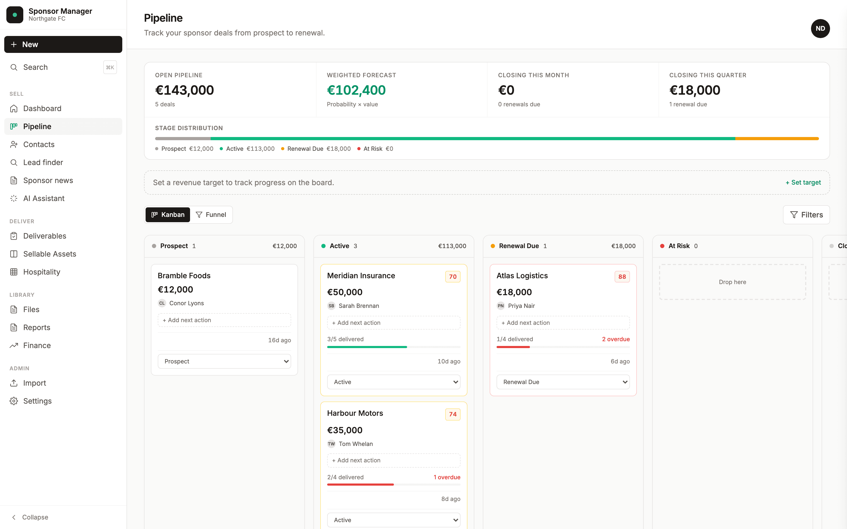 The Zephlo kanban pipeline, with deals by stage and delivery progress shown on each card.