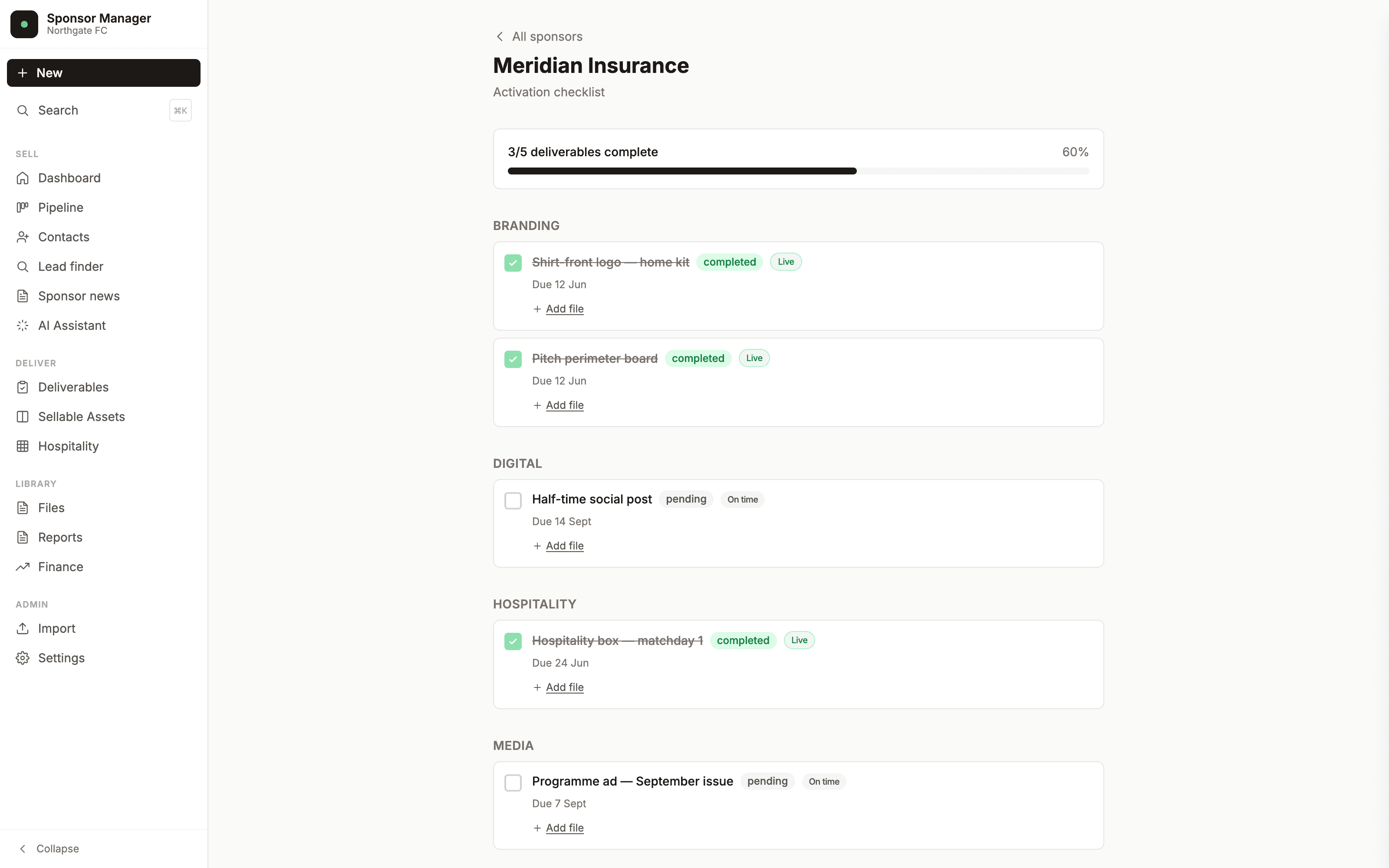 Meridian Insurance activation checklist in Zephlo, with completed deliverables marked Live.